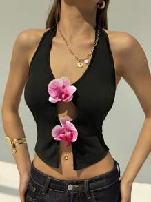 Aloruh Deep V-Neck Hollow Out Backless Halter Sexy Cropped Camisole Top For Vacation - Black - View 3