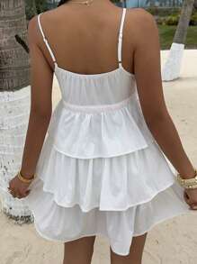 Lyxana 女式度假海滩休闲花卉荷叶边装饰多层下摆吊带迷你连衣裙 - 白色 - 查看 2