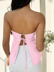 Vacation Solid Color Embroidered Bowknot Decor Cropped Tank Top - Pink - View 2