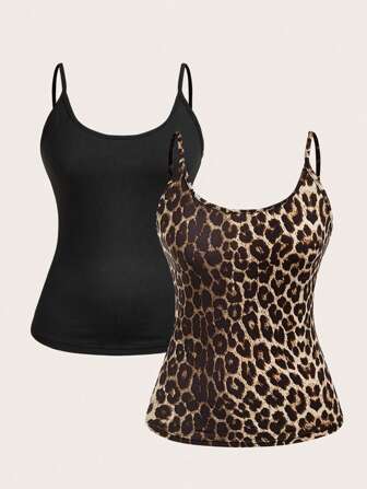 SHEIN EZwear 2pcs/Set Plus Size Women Leopard Solid Color Tight Fitted Casual Camisole, Suitable For Summer Women Summer Clothing Women Summer Sets,Business Casual Woman