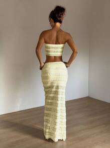 SHEIN Unity Váy ren trắng xẻ tà, bộ 2 món phong cách Boho Beach thường ngày/gợi cảm/ngày lễ dành cho nữ, xuân/hè - Màu vàng - Xem 2