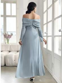 Modelyn Elegantes, schlichtes langärmliges Maxikleid mit Schulterausschnitt für Damen Einfarbig - Blau - Übersicht 2