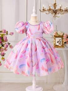 女童碎花印花V领镂空装饰大蝴蝶结泡泡A字公主裙，适合生日派对、节日、婚礼、表演等场合