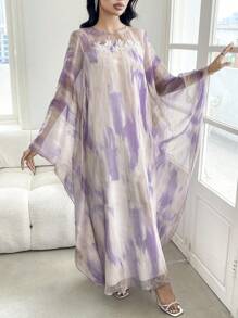 SHEIN Najma Tie-Dye Floral Print Loose & Conservative Long Cardigan, Fashionable For Summer, Modest Kaftan