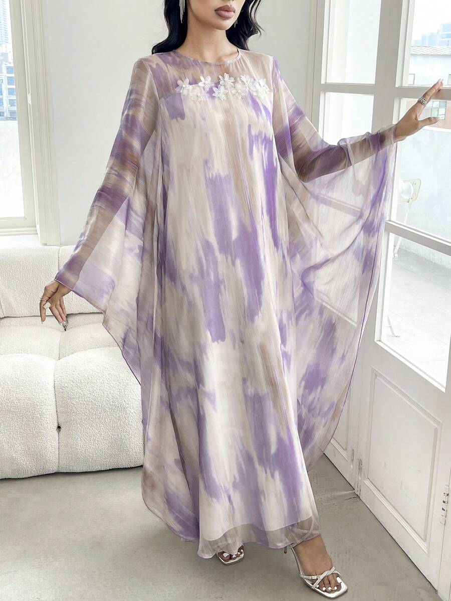 SHEIN Najma Tie-Dye Floral Print Loose & Conservative Long Cardigan, Fashionable For Summer, Modest Kaftan