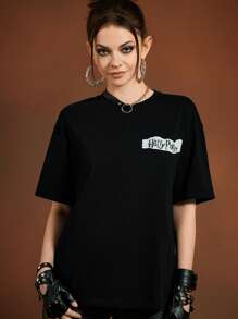 HARRY POTTER X SHEIN Camiseta de manga corta con cuello redondo y gráfico de figura y letra para mujer