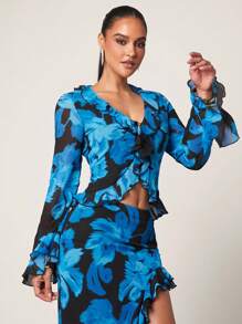 Silquee Blusa elegante de manga larga con cuello en V, con estampado floral y ribete de volantes para mujeres - Multicolor - Ver 6