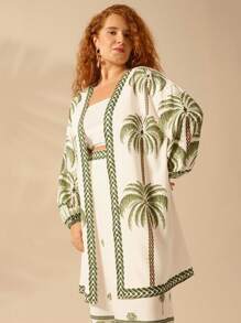 CAJUNI Kimono para cubrir talla grande de mujer de manga linterna con estampado de árbol de coco para la playa, vacaciones de estilo boho, verano tropical y casual