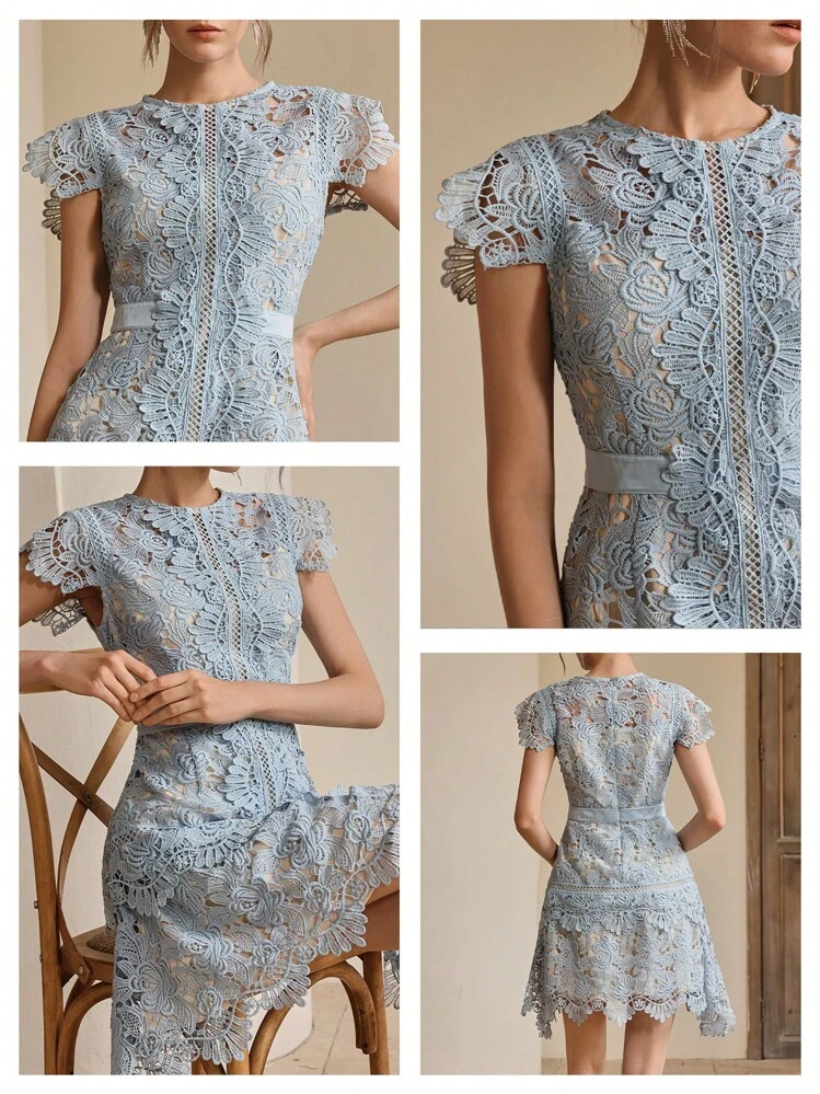 Anewsta Spring, Vacation, Festival Women's Elegant Lace Hollow Embroidery New Summer Patchwork Floral Round Neck Short Sleeve Dress - Baby Blue - View 5