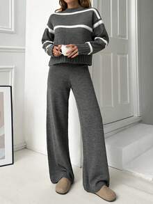 EURMUSE Women High Neck Striped Knit Sweater And Cozy Knit Sweater Pant 2pcs Set Co-Ords Knit Two Piece Set Grey Two Piece Set Two Piece Lounge Set Striped Two Piece Set Comfortable Two Piece Set,Winter Clothes - Dark Grey - View 5