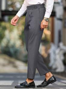 Manfinity Bizformal Men's Business-Casual White Suit Pants Featuring A Waistband Ribbon Design, Perfect As A Gift For Your Boyfriend Or Husband. Men's Casual Solid Color Tapered Suit Pants , White Pants For Men , Men White Slim Dress Pants , , Unique Suit For Men , White Suit Men - Grey - View 4