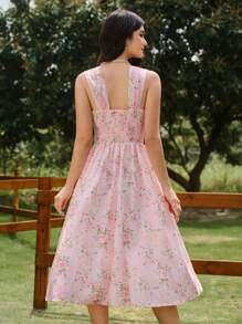 Vintamour Retro Elegant Women Floral Print Relaxed Fit Swing Dress, Loose Fit With Wide Straps, Pink Umbrella Hem Summer Sun Dress Mother Day Outfit Mother Day Dress Summer Dress Graduation Dress Sun Dresses For Women Wedding Guest Dress Women Vacation Outfits Women Birthday Dresses For Women Floral Dress Women Festival Outfits For Women Teacher Outfits For Women