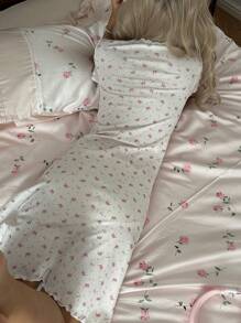 CottageSlumber Lace Patchwork Square Neck Two Button Crown, Heart And Ditsy Floral Knit Short Sleeve Nightgown Babydoll PerfectSummer Bountiful Floral Splendor  Cozy And Elegant Details - Multicolor - View 2