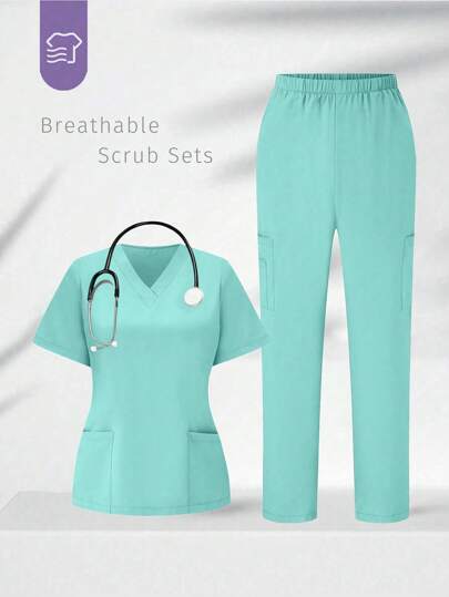 TaskEZ 1 Set Short Sleeve V-Neck Solid Color Top And Pants Uniform Scrub Set