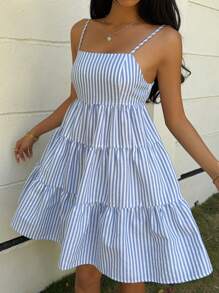 MainGRL 女士蓝色条纹梭织吊带背心连衣裙 - 淺色水洗藍 - 查看 5