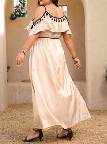 SHEIN Clasi Plus Size Women Vacation Tassel Hem Ruffle Round Neck Off Shoulder Dress - Apricot - View 2
