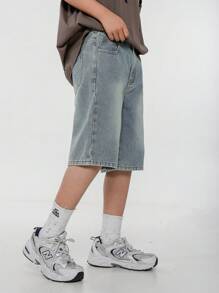 SHEIN Explorewe Pantaloncini di jeans per ragazzi adolescenti, moda di strada casual e comoda, stile urbano cool hipster, estate vintage vintage, pantaloncini di jeans con vita elastica allentati