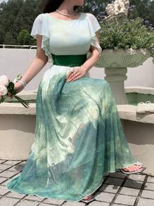 DAZY Summer Square Neck Holiday Casual Color Block Tie Dye Vintage Oil Painting Bohemian Style Print Ruffle Hem Midi Dress For Women,Teacher Outfits