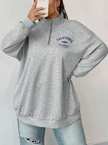 SHEIN CURVE+ Plus Size Women's Loose Fit California Graphic Print Lightweight Turtleneck Half Zip Sweatshirt, Autumn Winter Graduation,Back To School Outfits,Graduation,Teacher Outfits For Women,Back To School Fall