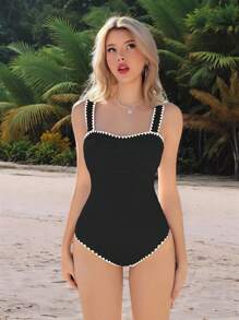 Swim Mod Women's Beach Outfits, Flower Print Solid Color Ribbed Slim Fit One-Piece Swimsuit, New Minimalist Design For Summer