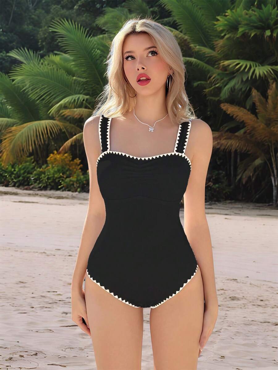 Swim Mod Women's Beach Outfits, Flower Print Solid Color Ribbed Slim Fit One-Piece Swimsuit, New Minimalist Design For Summer - Black - View 1