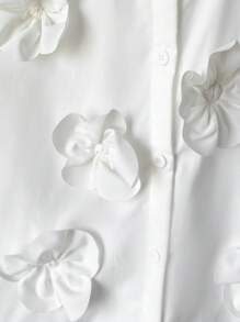 SHEIN Tweens Girls Oversized Casual Simple Comfort Floral Embellished Collared Long Sleeve Shirt - White - View 3