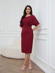 EMERY ROSE Women's Solid Color Batwing Short Sleeve Mid-Length Casual Dress - Burgundy - View 5