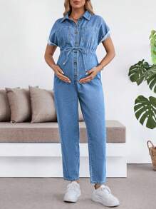 SHEIN Maternity Blue Denim Jumpsuit - Light Wash - View 3