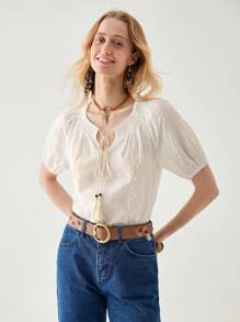 Florisole Chemise à col cordonnet, ajourée, avec broderie