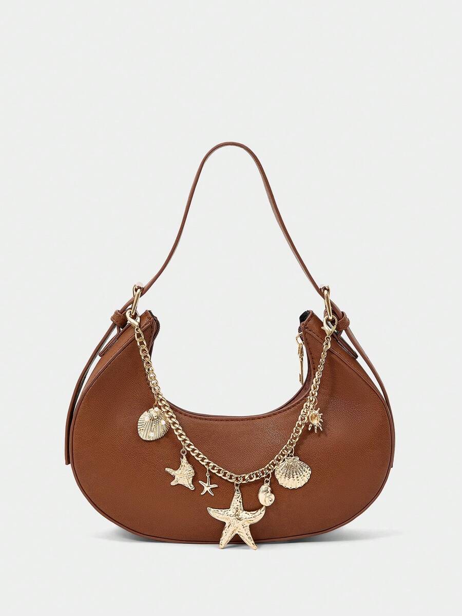 SHECARRY 女士时尚个性街头 Y2K 魅力链条手提包 - 棕色 - 查看 1