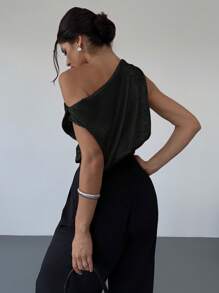 Firerie 女士情人节不对称露肩宽松金属涂层无袖衬衫，优雅浪漫，适合约会、派对、日常通勤 - 黑色 - 查看 3