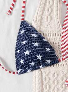 Swim Mod 2 件套女士海滩夏季度假美国国旗印花露背上衣和侧带裤比基尼套装 - 彩色 - 查看 4