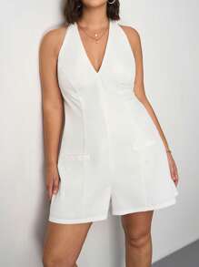 SHEIN Tall CURVE Tuta intera monocolore con scollo a canottiera e schiena scoperta, stile casual e comodo per l'estate, taglie comode