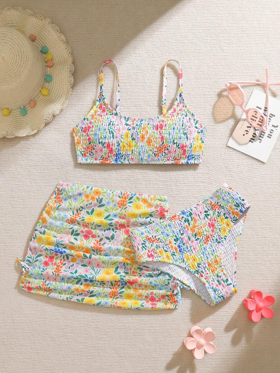 3pcs/Set Floral Print Bikini Set, Vacation Style, Random Print Young Girl Summer Outfits Young Girls Sets Bathing Suits For Teens Sets Summer Bathing Suits 1pc For Teens Bathing Suits For Teens Teen Girls Bikini Sets