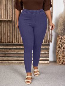 EMERY ROSE Plus Size Women Elastic Waist Pockets Casual Skinny Jeans - Purple - View 3