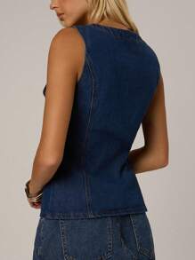 Avantive 夏季新款女士无袖褪色蓝色牛仔衬衫/背心，通勤装 - 深色水洗藍 - 查看 2