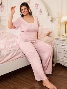 SweetSlumber Conjunto de pijama de pantalón largo y manga corta con encaje para talla grande