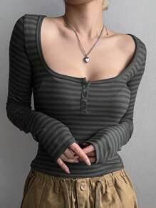 DAZY 女式休闲条纹修身长袖T恤，秋季，女式短款上衣 - 墨綠色 - 查看 3