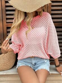 EMERY ROSE Casual Loose Fit Crew Neck Batwing Sleeve Hollow Knitted Apricot Color Sweater, For Women, Spring & Autumn - Pink - View 4