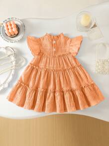 SHEIN Babygirl Summer Light Blue Sweet Bow Embroidered Cake Dress, With Little Flutter Sleeves And Ruffled Collar Design, A Perfect Blend Of Elegance And Cuteness. The Bow Embroidery On The Chest Adds A Touch Of Playfulness. Ideal For Sunny Summer Outings, Perfect For Lounging At Home, And Attending Family And Friends' Parties, Making It The Ultimate Choice For Various Occasions. - Orange - View 2