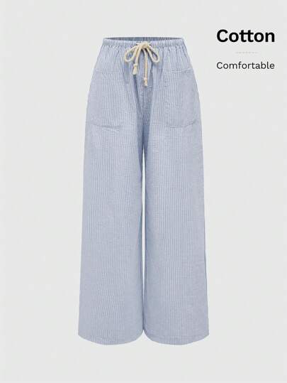 Pantalon décontracté à taille élastique avec cordon de serrage et jambes larges à rayures verticales pour femmes