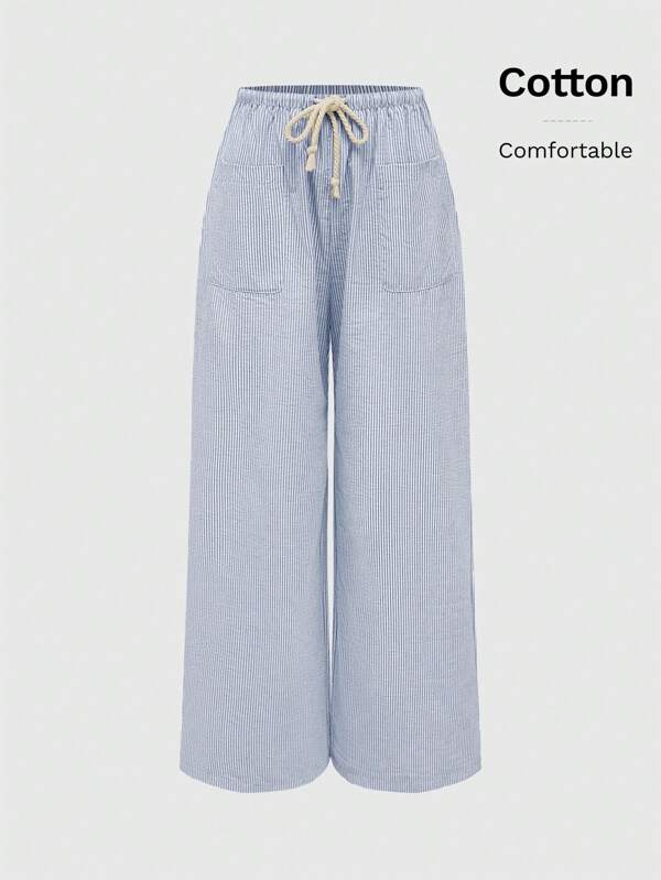 ROMWE Casual Vertical Striped Elastic Waist Drawstring Wide Leg Pants For Women