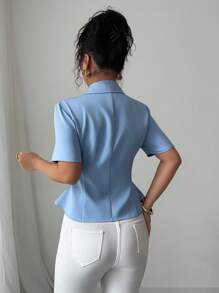 Elenzga 女士优雅通勤时尚奢华收腰修身深蓝色泡泡袖高端西装外套，适合工作、休闲、度假、商务、母亲节、教师节 - 藍色 - 查看 2