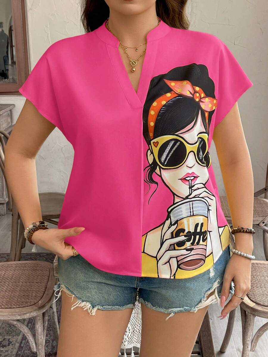 SHEIN LUNE Áo cánh tay ngắn họa tiết hình người phụ nữ ngoại cỡ, trang phục phương Tây, phong cách Boho, Bohemian, thập niên 90, lễ hội, mùa hè, đi chơi, mùa xuân, Boho, tiền cũ, lễ Phục sinh, mùa xuân, bãi biển - Màu Hồng Tươi - Xem 1