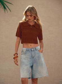 SHEIN LUNE Damen Gehäkeltes einfarbiges Top, modisch für den Sommer - Kaffeebraun - Übersicht 6
