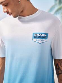 Shark Week X SHEIN 男士渐变鲨鱼印花圆领短袖T恤，夏季 - 彩色 - 查看 2