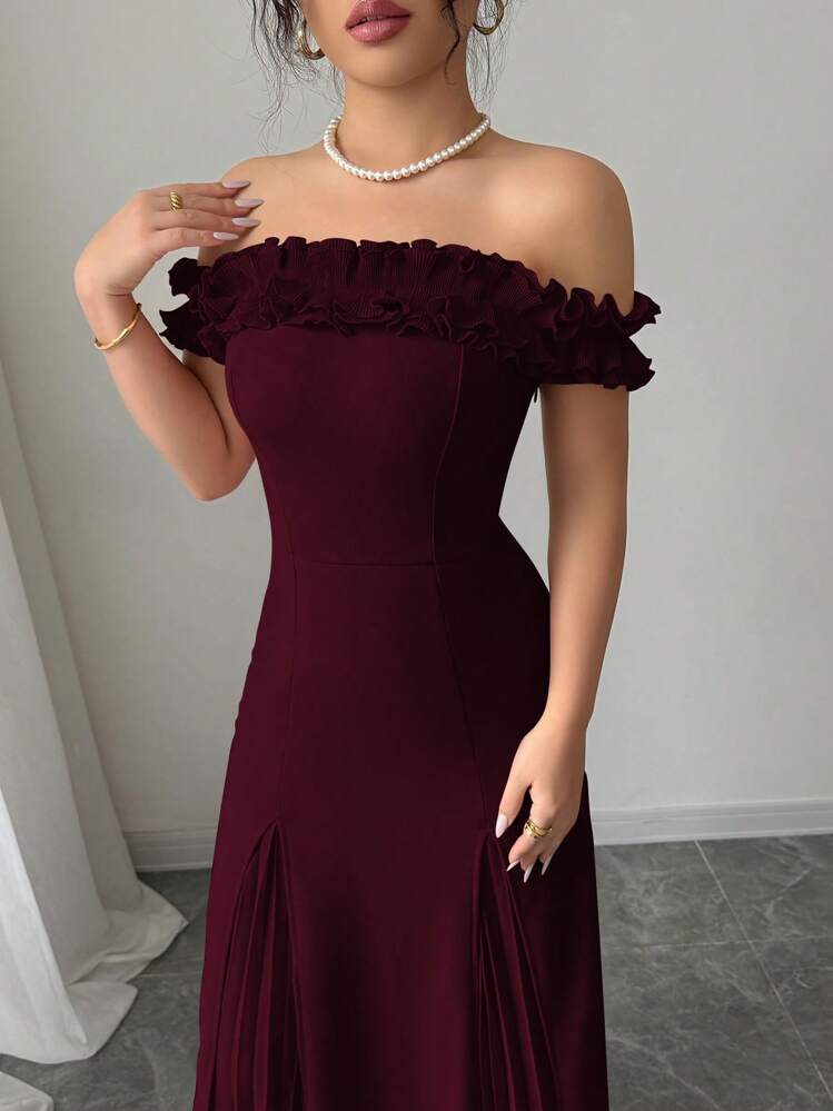 Elenzga 露肩荷叶边饰腰部喇叭下摆褶皱雪纺优雅浪漫女士连衣裙 - 酒紅色 - 查看 4