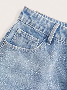 SHEIN Essnce Casual Rhinestone Embellished Denim Shorts, Summer Fashion - Light Wash - View 5