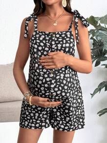 SHEIN Maternity Daisy Print Button Detail Jumpsuit - Black - View 5