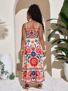 青春期女孩碎花吊带背心和迷你裙套装，度假休闲装 - 米色 - 查看 2